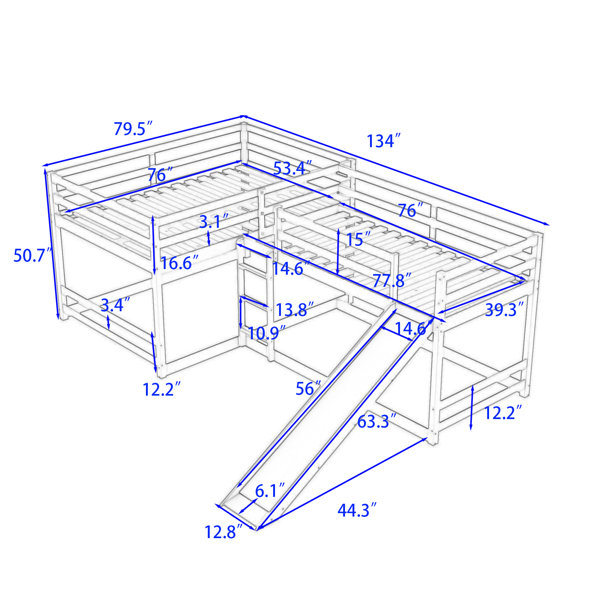 Harriet Bee Faso LShaped Quad Wood Bunk Bed, Full over Full and Twin over Twin Bunk Beds with